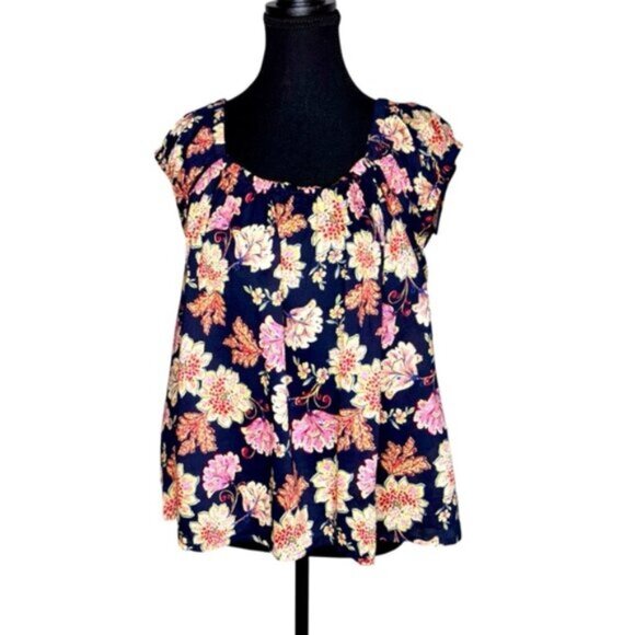 Old Navy Floral Navy Womens Medium Top Elastic Neck Keyhole Back Tie Cottagecore - Picture 1 of 9